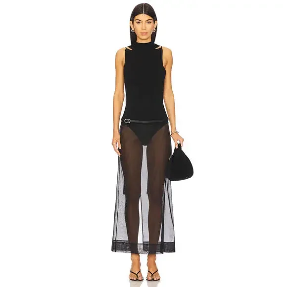 Revolve St. Agni Sheer long Leather Trim Skirt black size XXS NWT $429msrp